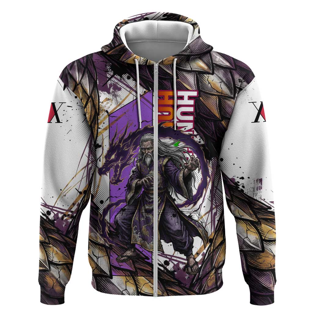 Zeno Zoldyck Theme White and Purple Dragon Aura Design Hoodie with Dark Energy Card Artwork - The Mazicc