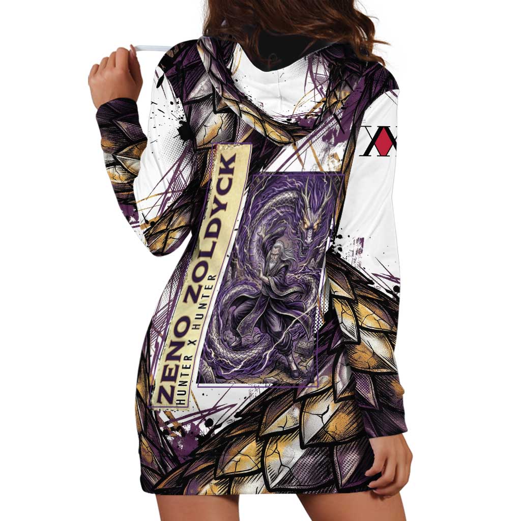 Zeno Zoldyck Theme White and Purple Dragon Aura Design Hoodie Dress with Dark Energy Card Artwork - The Mazicc