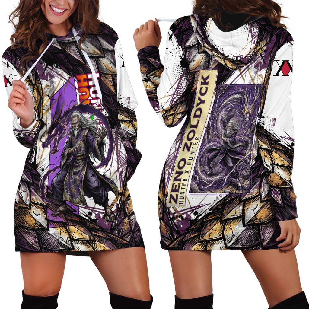 Zeno Zoldyck Theme White and Purple Dragon Aura Design Hoodie Dress with Dark Energy Card Artwork - The Mazicc