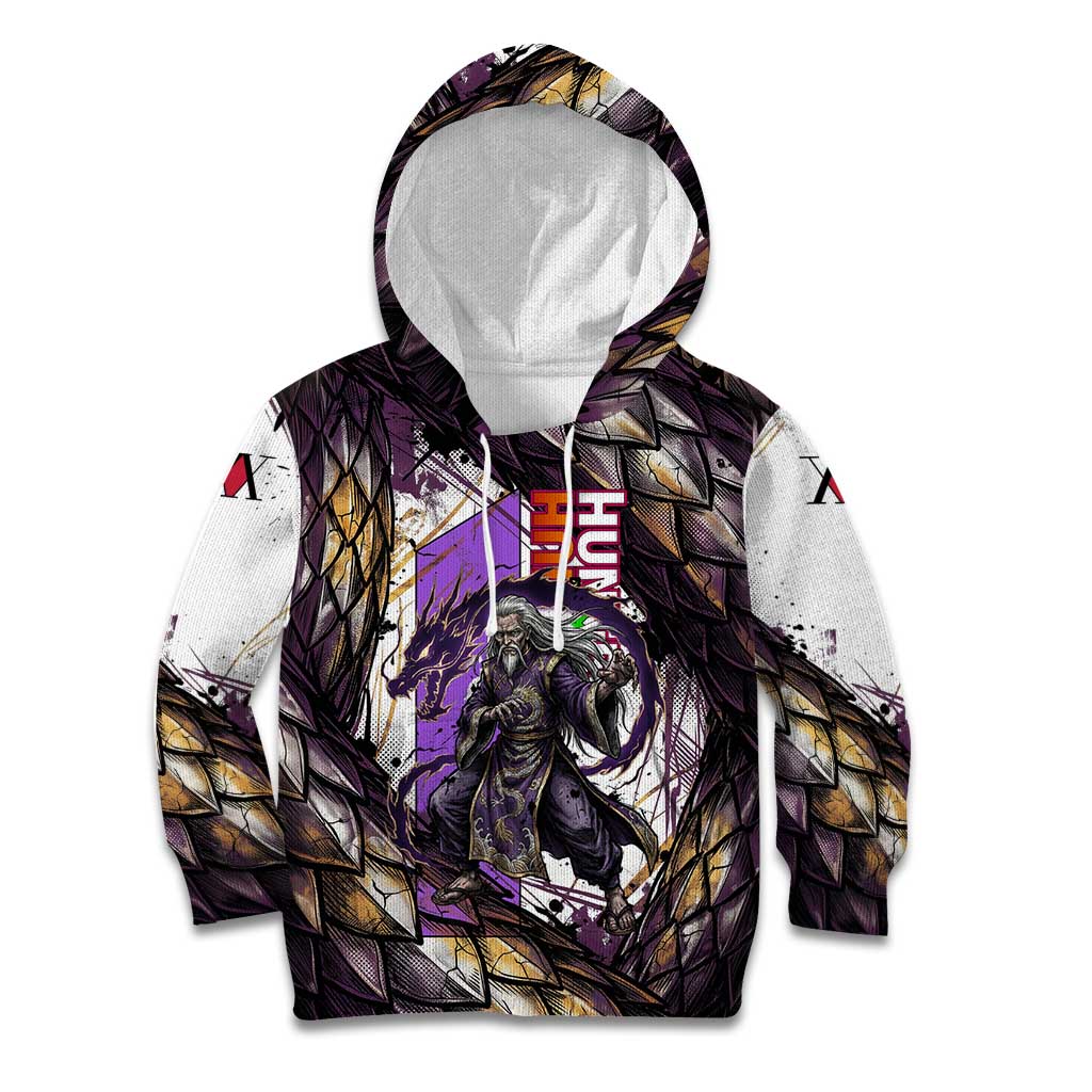 Zeno Zoldyck Theme White and Purple Dragon Aura Design Kid Hoodie with Dark Energy Card Artwork - The Mazicc