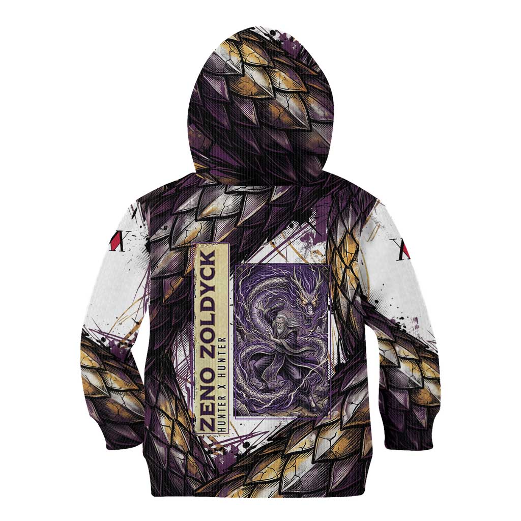 Zeno Zoldyck Theme White and Purple Dragon Aura Design Kid Hoodie with Dark Energy Card Artwork - The Mazicc