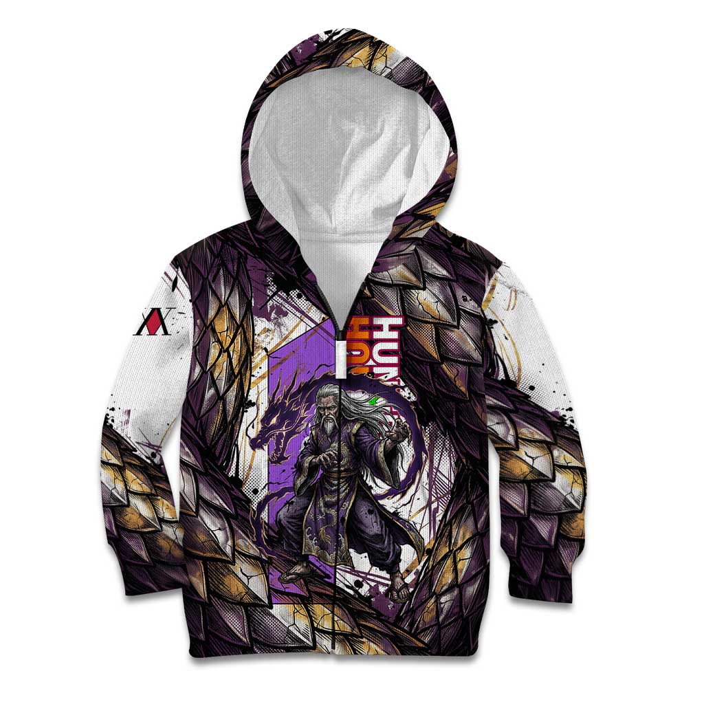 Zeno Zoldyck Theme White and Purple Dragon Aura Design Kid Hoodie with Dark Energy Card Artwork - The Mazicc