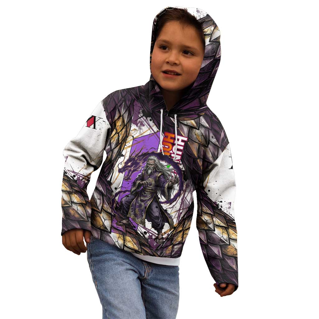 Zeno Zoldyck Theme White and Purple Dragon Aura Design Kid Hoodie with Dark Energy Card Artwork - The Mazicc