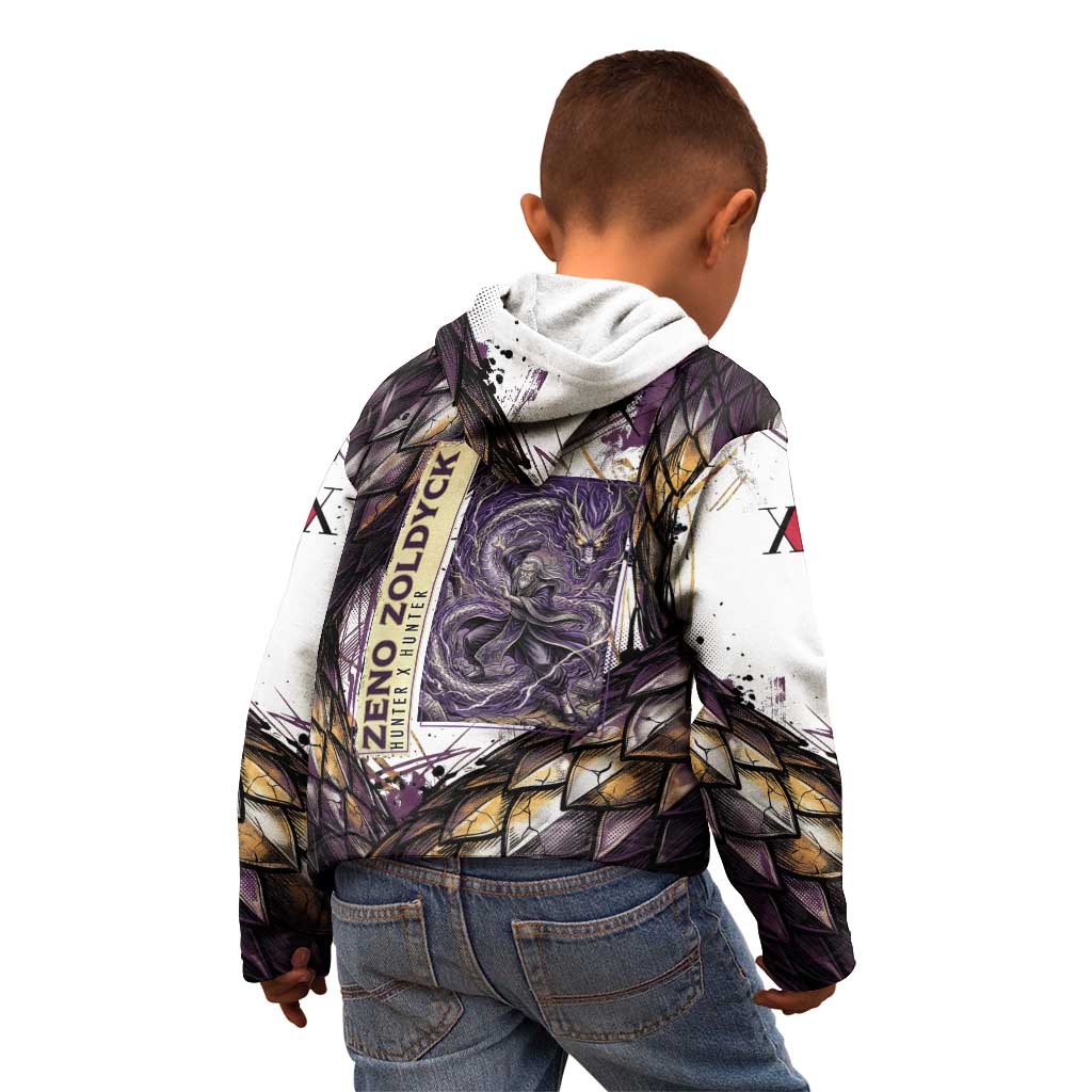 Zeno Zoldyck Theme White and Purple Dragon Aura Design Kid Hoodie with Dark Energy Card Artwork - The Mazicc