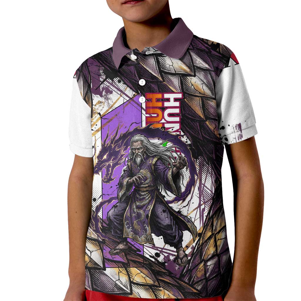 Zeno Zoldyck Theme White and Purple Dragon Aura Design Kid Polo Shirt with Dark Energy Card Artwork - The Mazicc