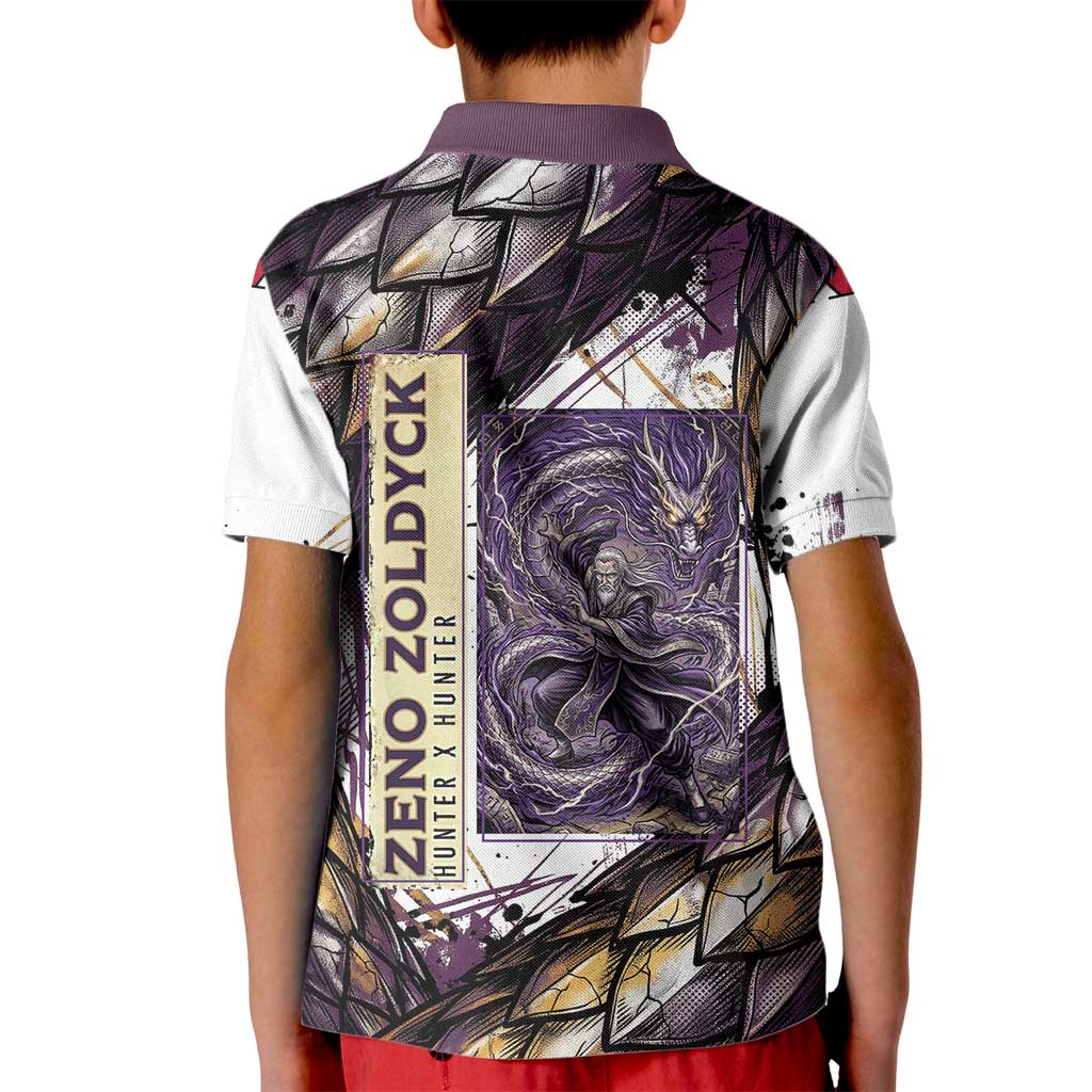 Zeno Zoldyck Theme White and Purple Dragon Aura Design Kid Polo Shirt with Dark Energy Card Artwork - The Mazicc