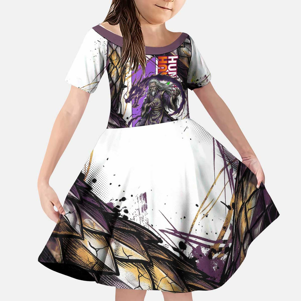 Zeno Zoldyck Theme White and Purple Dragon Aura Design Kid Short Sleeve Dress with Dark Energy Card Artwork - The Mazicc