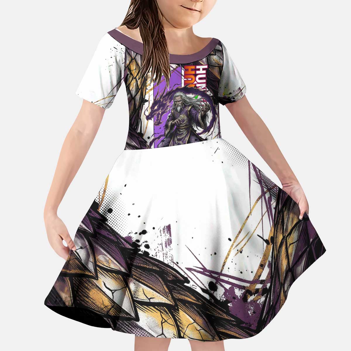 Zeno Zoldyck Theme White and Purple Dragon Aura Design Kid Short Sleeve Dress with Dark Energy Card Artwork - The Mazicc
