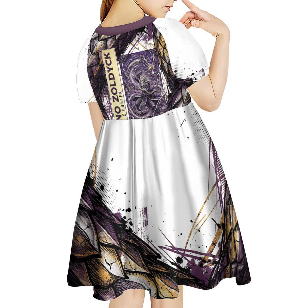 Zeno Zoldyck Theme White and Purple Dragon Aura Design Kid Short Sleeve Dress with Dark Energy Card Artwork - The Mazicc