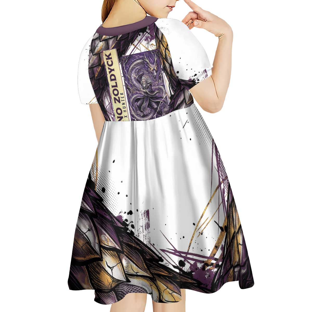 Zeno Zoldyck Theme White and Purple Dragon Aura Design Kid Short Sleeve Dress with Dark Energy Card Artwork - The Mazicc