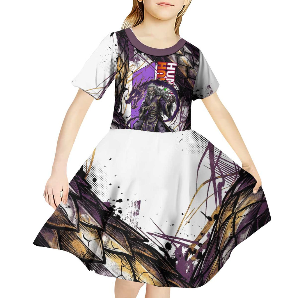 Zeno Zoldyck Theme White and Purple Dragon Aura Design Kid Short Sleeve Dress with Dark Energy Card Artwork - The Mazicc