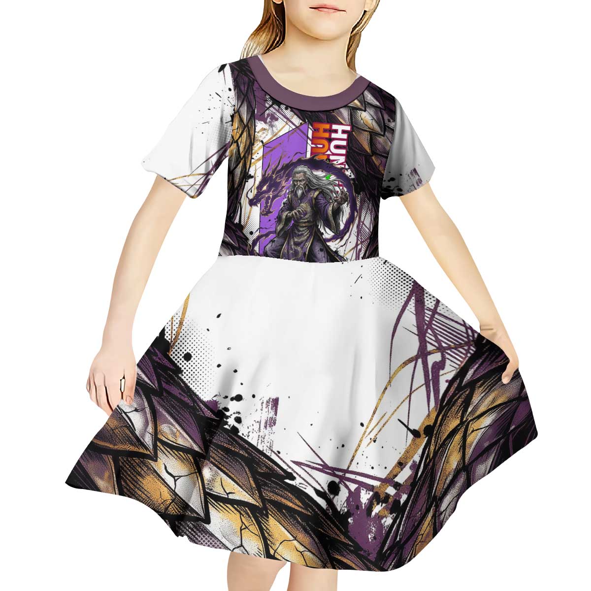 Zeno Zoldyck Theme White and Purple Dragon Aura Design Kid Short Sleeve Dress with Dark Energy Card Artwork - The Mazicc