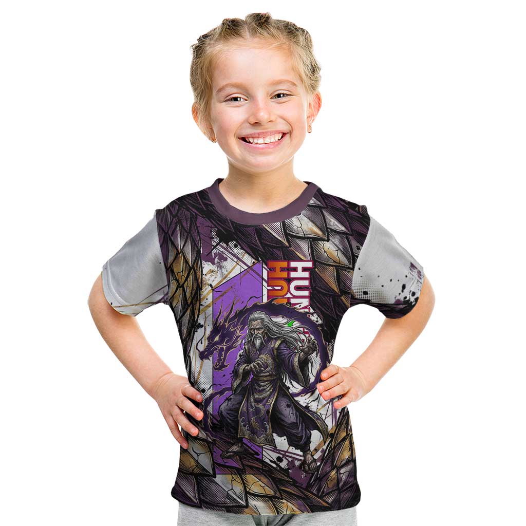 Zeno Zoldyck Theme White and Purple Dragon Aura Design Kid T Shirt with Dark Energy Card Artwork - The Mazicc