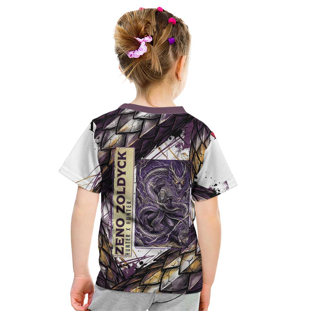 Zeno Zoldyck Theme White and Purple Dragon Aura Design Kid T Shirt with Dark Energy Card Artwork - The Mazicc