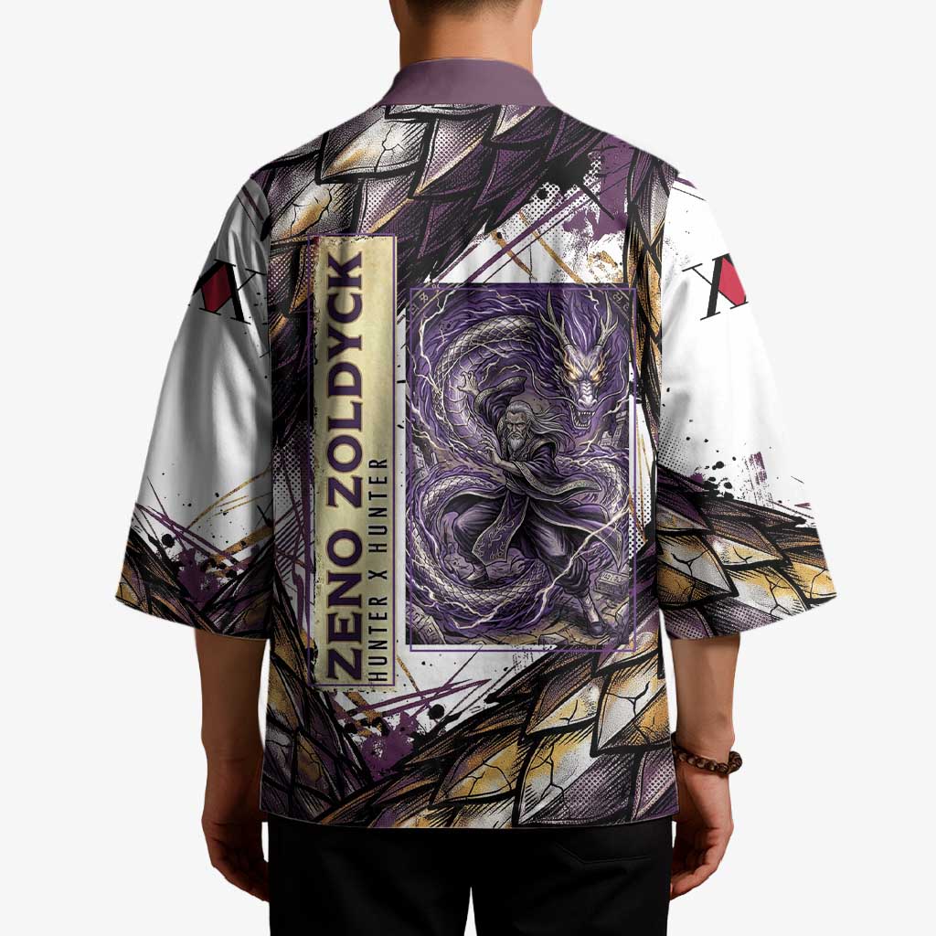 Zeno Zoldyck Theme White and Purple Dragon Aura Design Kimono with Dark Energy Card Artwork - The Mazicc