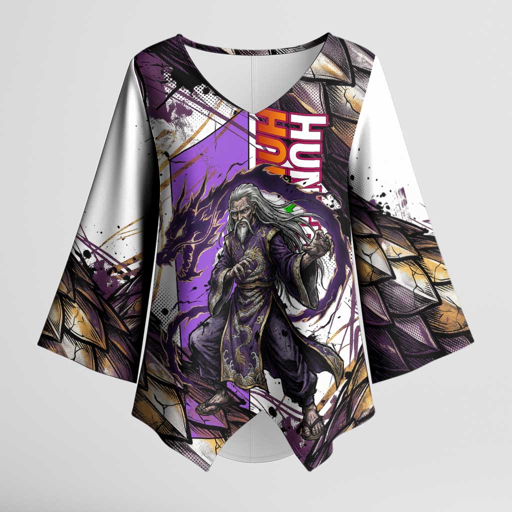 Zeno Zoldyck Theme White and Purple Dragon Aura Design Kimono Sleeve Blouse with Dark Energy Card Artwork - The Mazicc