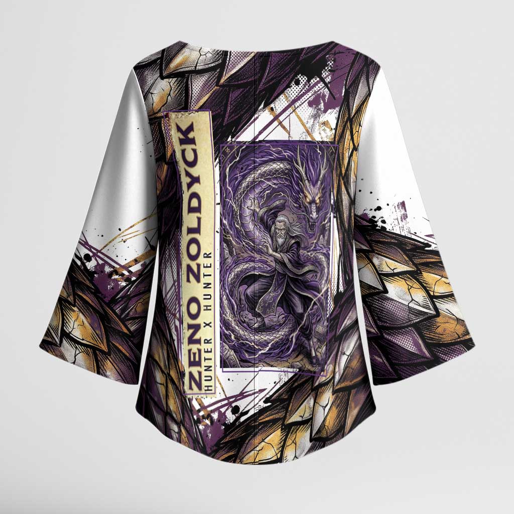 Zeno Zoldyck Theme White and Purple Dragon Aura Design Kimono Sleeve Blouse with Dark Energy Card Artwork - The Mazicc