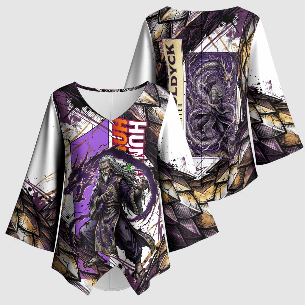 Zeno Zoldyck Theme White and Purple Dragon Aura Design Kimono Sleeve Blouse with Dark Energy Card Artwork - The Mazicc