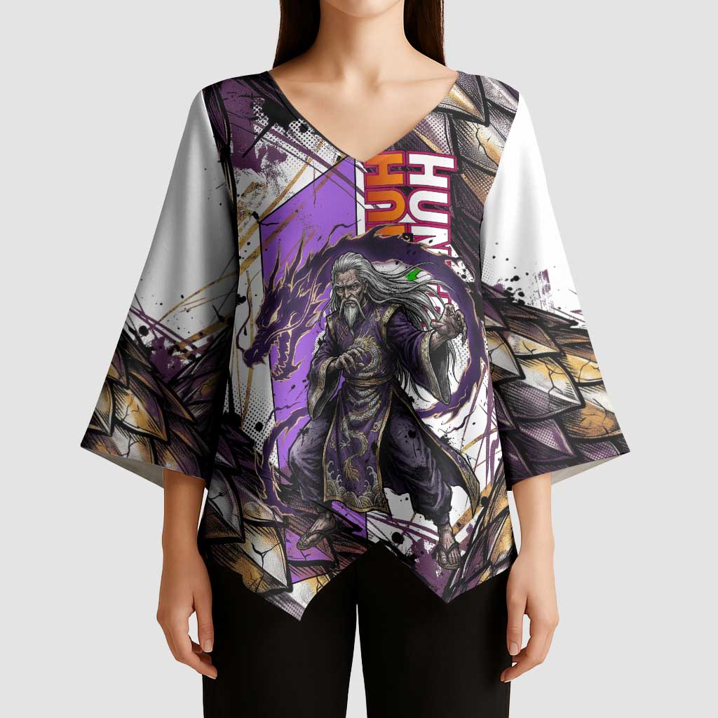 Zeno Zoldyck Theme White and Purple Dragon Aura Design Kimono Sleeve Blouse with Dark Energy Card Artwork - The Mazicc
