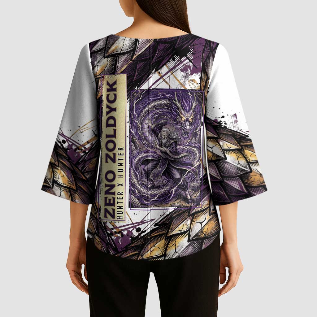 Zeno Zoldyck Theme White and Purple Dragon Aura Design Kimono Sleeve Blouse with Dark Energy Card Artwork - The Mazicc