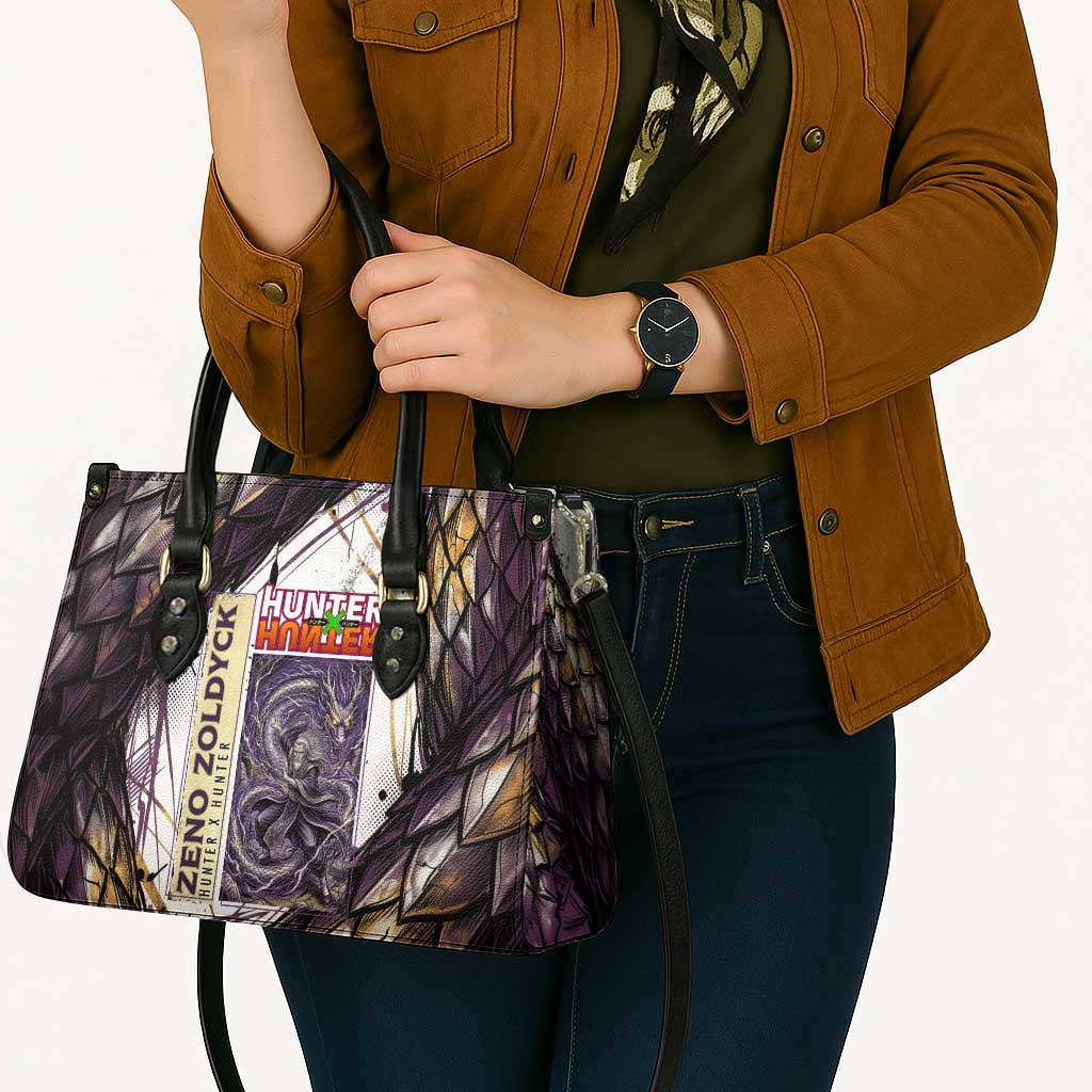Zeno Zoldyck Theme White and Purple Dragon Aura Design Leather Bag with Dark Energy Card Artwork - The Mazicc