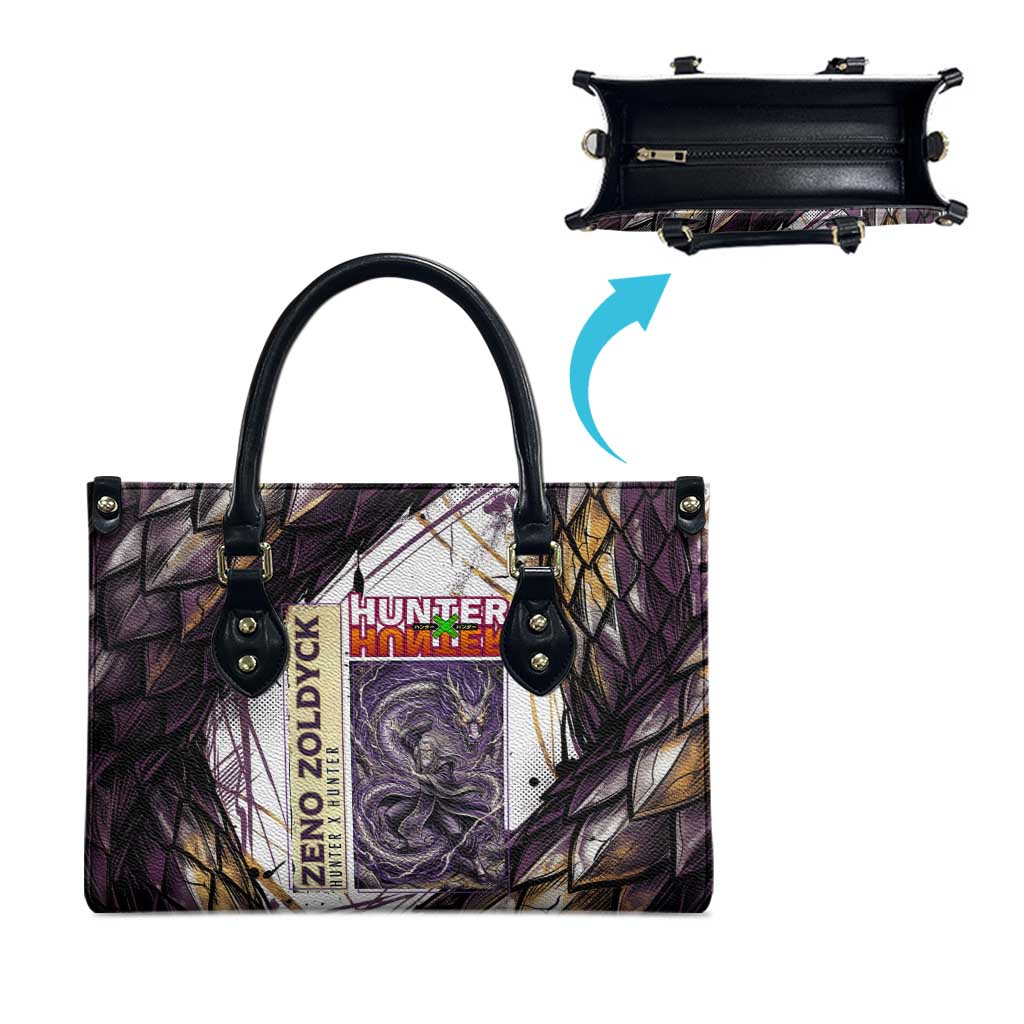 Zeno Zoldyck Theme White and Purple Dragon Aura Design Leather Bag with Dark Energy Card Artwork - The Mazicc