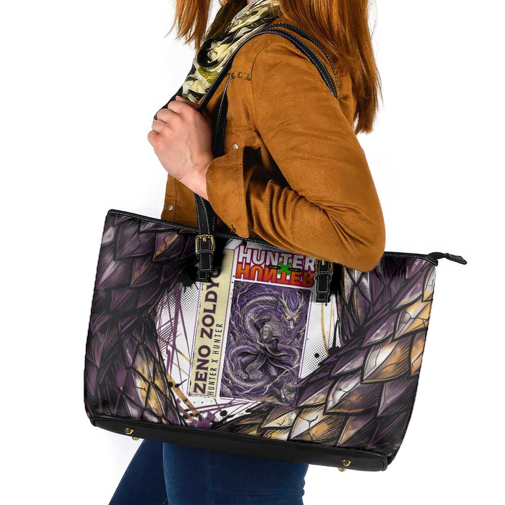 Zeno Zoldyck Theme White and Purple Dragon Aura Design Leather Tote Bag with Dark Energy Card Artwork - The Mazicc
