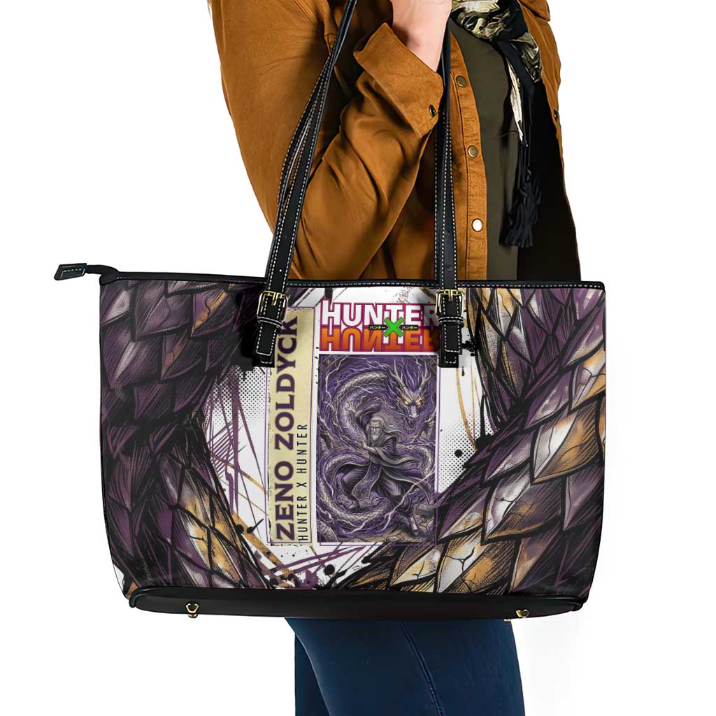 Zeno Zoldyck Theme White and Purple Dragon Aura Design Leather Tote Bag with Dark Energy Card Artwork - The Mazicc