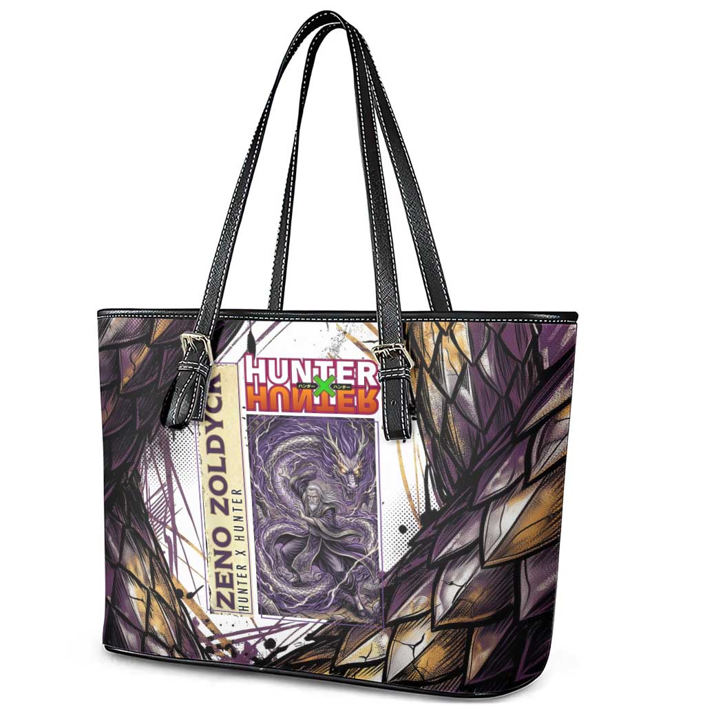 Zeno Zoldyck Theme White and Purple Dragon Aura Design Leather Tote Bag with Dark Energy Card Artwork - The Mazicc