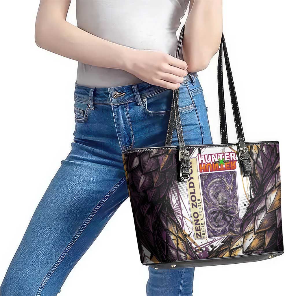 Zeno Zoldyck Theme White and Purple Dragon Aura Design Leather Tote Bag with Dark Energy Card Artwork - The Mazicc