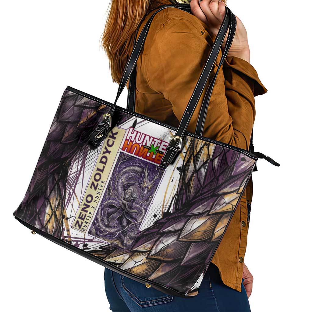 Zeno Zoldyck Theme White and Purple Dragon Aura Design Leather Tote Bag with Dark Energy Card Artwork - The Mazicc