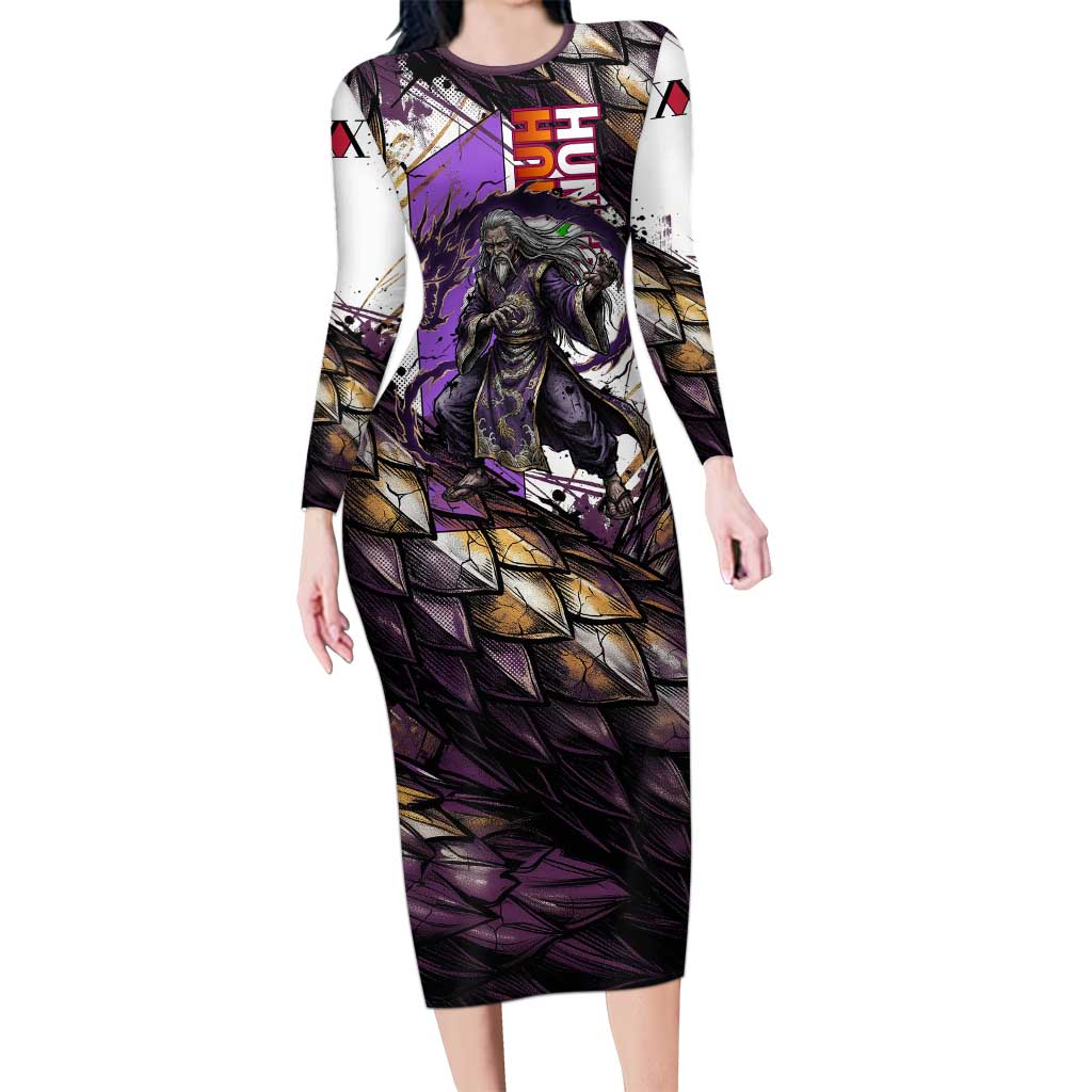 Zeno Zoldyck Theme White and Purple Dragon Aura Design Long Sleeve Bodycon Dress with Dark Energy Card Artwork - The Mazicc
