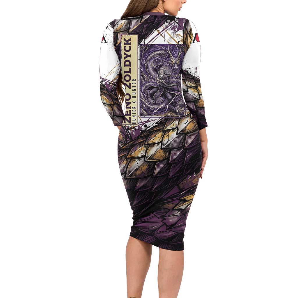 Zeno Zoldyck Theme White and Purple Dragon Aura Design Long Sleeve Bodycon Dress with Dark Energy Card Artwork - The Mazicc