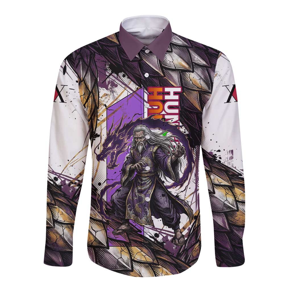 Zeno Zoldyck Theme White and Purple Dragon Aura Design Long Sleeve Button Shirt with Dark Energy Card Artwork - The Mazicc