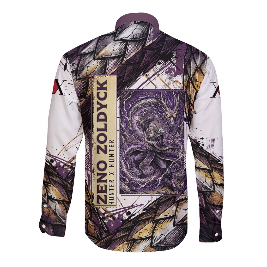 Zeno Zoldyck Theme White and Purple Dragon Aura Design Long Sleeve Button Shirt with Dark Energy Card Artwork - The Mazicc