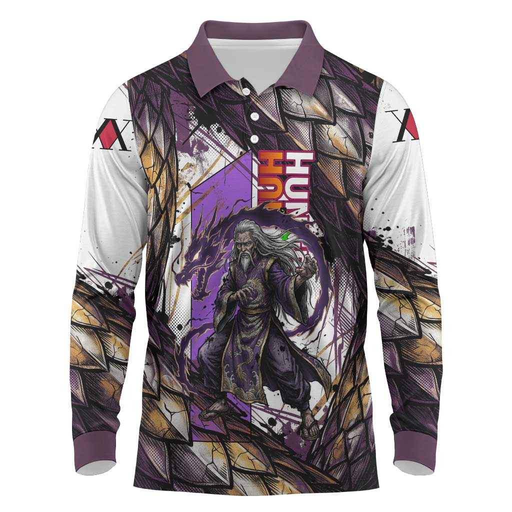 Zeno Zoldyck Theme White and Purple Dragon Aura Design Long Sleeve Polo Shirt with Dark Energy Card Artwork - The Mazicc