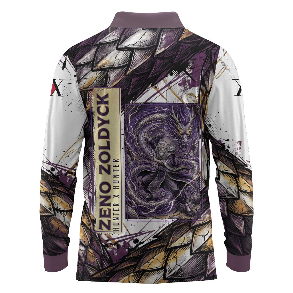 Zeno Zoldyck Theme White and Purple Dragon Aura Design Long Sleeve Polo Shirt with Dark Energy Card Artwork - The Mazicc
