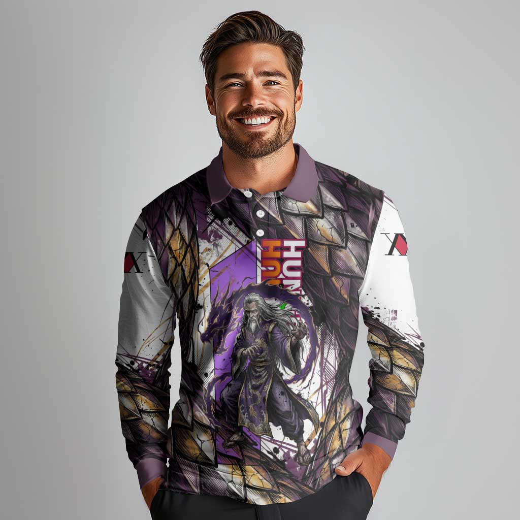 Zeno Zoldyck Theme White and Purple Dragon Aura Design Long Sleeve Polo Shirt with Dark Energy Card Artwork - The Mazicc