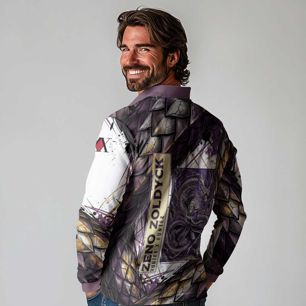 Zeno Zoldyck Theme White and Purple Dragon Aura Design Long Sleeve Polo Shirt with Dark Energy Card Artwork - The Mazicc