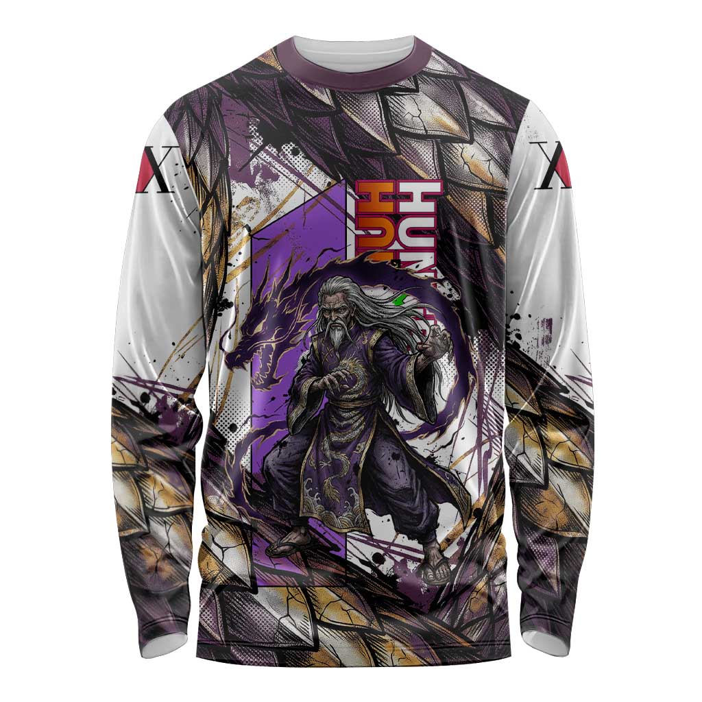 Zeno Zoldyck Theme White and Purple Dragon Aura Design Long Sleeve Shirt with Dark Energy Card Artwork - The Mazicc