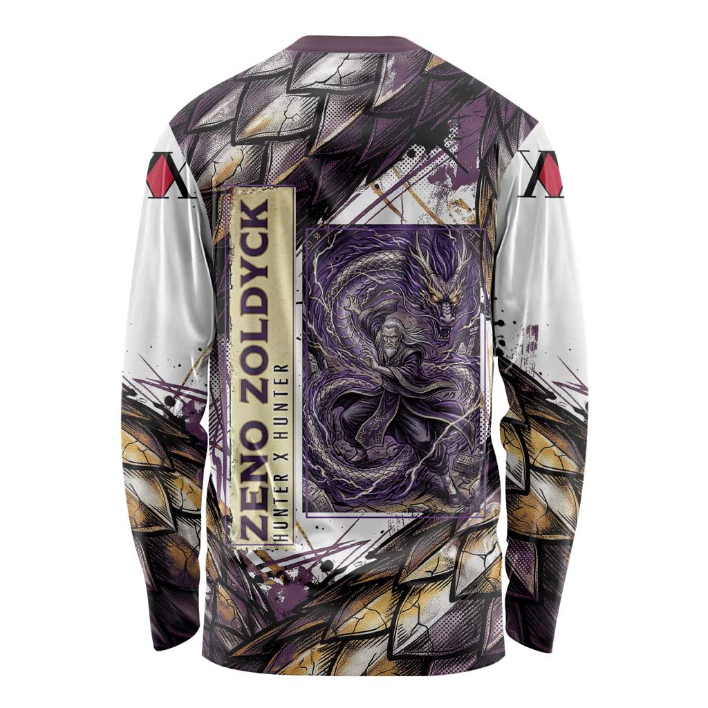 Zeno Zoldyck Theme White and Purple Dragon Aura Design Long Sleeve Shirt with Dark Energy Card Artwork - The Mazicc