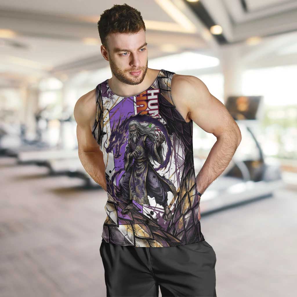 Zeno Zoldyck Theme White and Purple Dragon Aura Design Men Tank Top with Dark Energy Card Artwork - The Mazicc