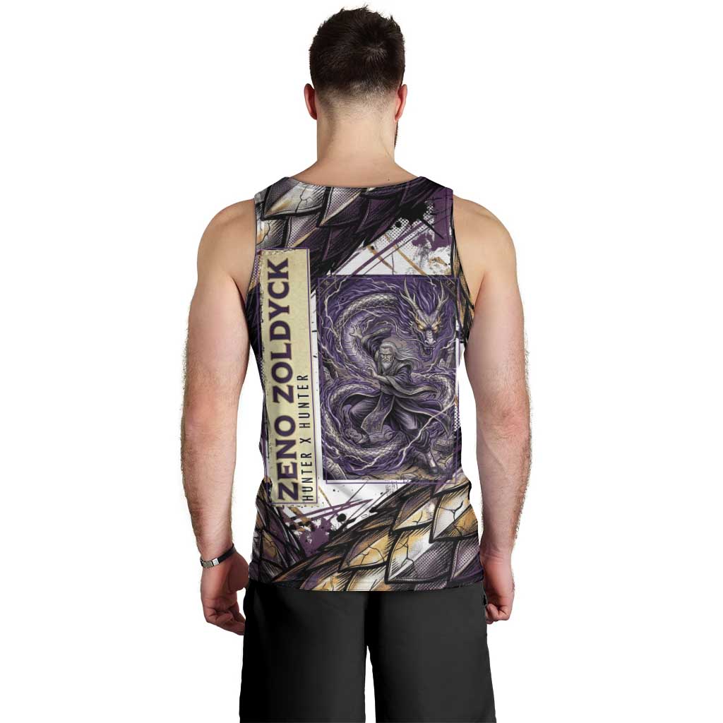 Zeno Zoldyck Theme White and Purple Dragon Aura Design Men Tank Top with Dark Energy Card Artwork - The Mazicc