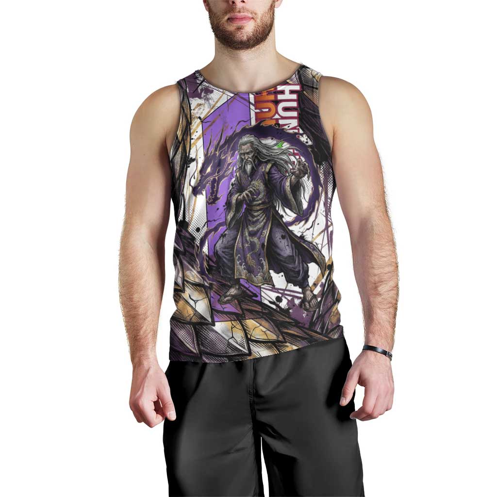Zeno Zoldyck Theme White and Purple Dragon Aura Design Men Tank Top with Dark Energy Card Artwork - The Mazicc