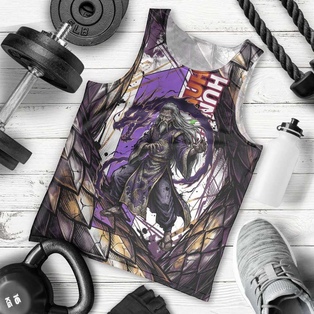 Zeno Zoldyck Theme White and Purple Dragon Aura Design Men Tank Top with Dark Energy Card Artwork - The Mazicc
