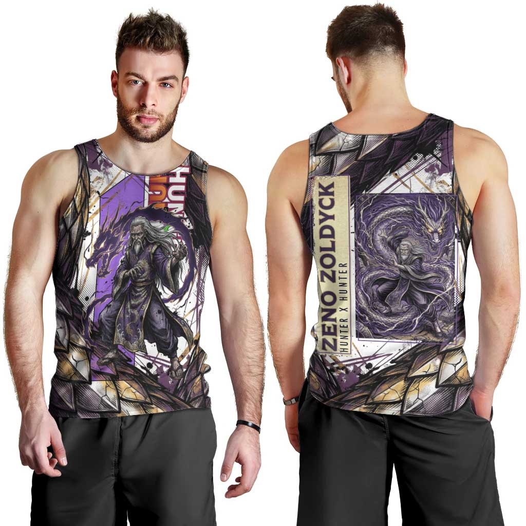 Zeno Zoldyck Theme White and Purple Dragon Aura Design Men Tank Top with Dark Energy Card Artwork - The Mazicc