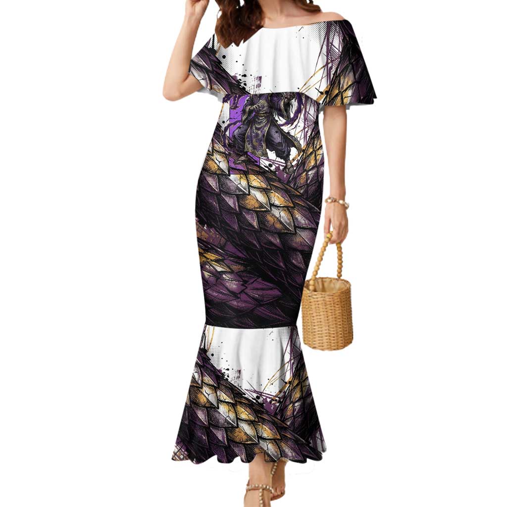 Zeno Zoldyck Theme White and Purple Dragon Aura Design Mermaid Dress with Dark Energy Card Artwork - The Mazicc
