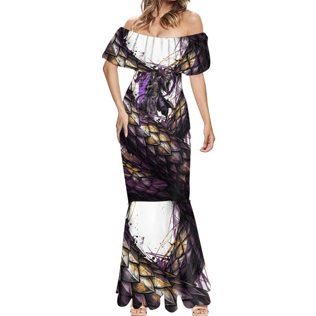 Zeno Zoldyck Theme White and Purple Dragon Aura Design Mermaid Dress with Dark Energy Card Artwork - The Mazicc