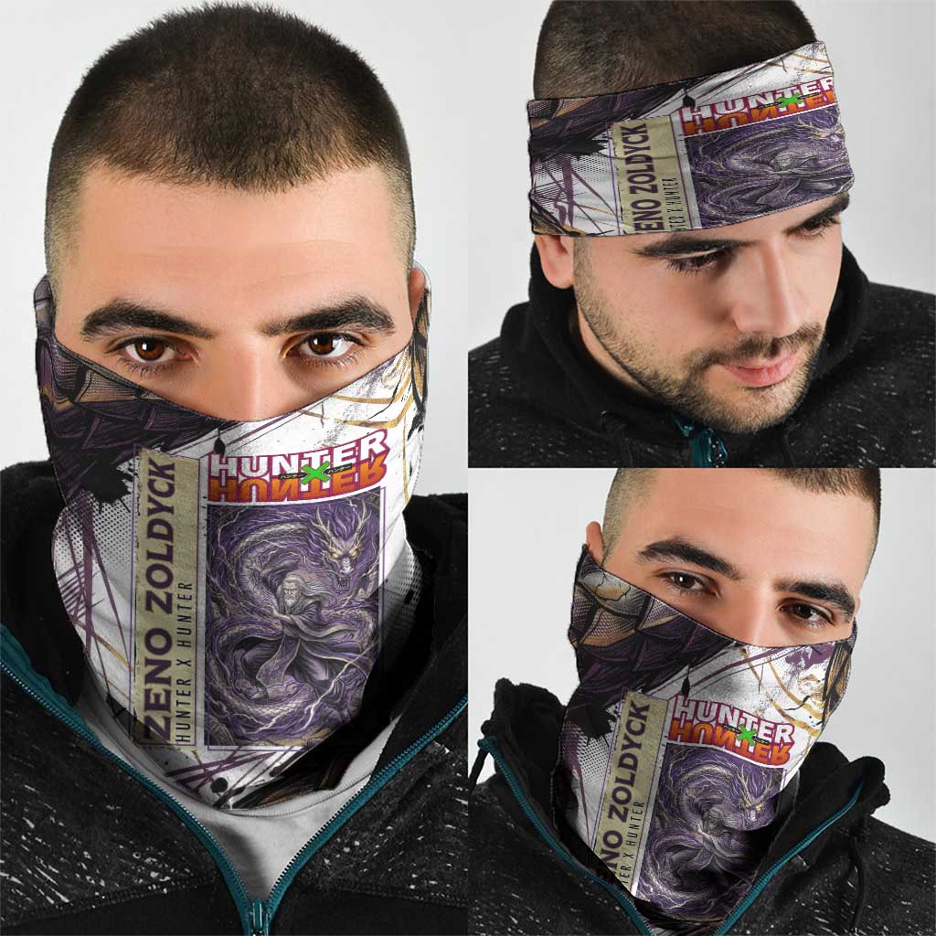 Zeno Zoldyck Theme White and Purple Dragon Aura Design Neck Gaiter with Dark Energy Card Artwork - The Mazicc