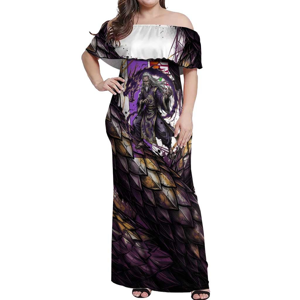 Zeno Zoldyck Theme White and Purple Dragon Aura Design Off Shoulder Maxi Dress with Dark Energy Card Artwork - The Mazicc